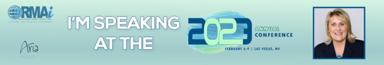 Event banner - horizontal rectangular shaped. On the let the organization logos - RMAi and Aria. In the center, the sentence "I`m speaking at the 2023 Annual Conference). On the left, Penny Campbell's picture. A white woman with blond hair grown down to her shoulder. She wears a black blazer and is smiling